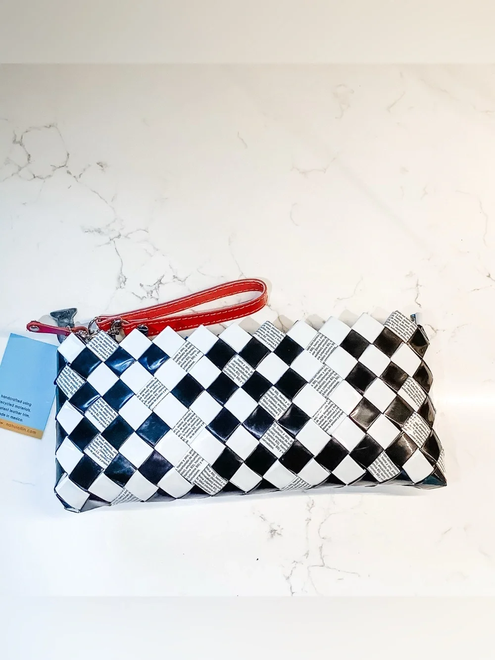 NWT Nahui Ollin Woven Black & White Clutch with Red Wrist Strap